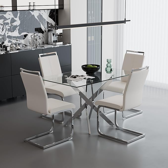 5 Piece Dining Table Table Set, Modern Tempered Glass Dining Table Set for 4 Kitchen Table Set with 4 Upholstered Chairs for Kitchen Dining Room (Sliver Table with White Chairs)