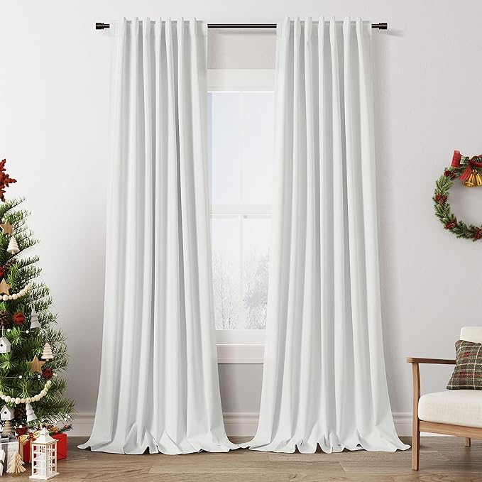 Guken Off White Blackout Curtains 108 Inch Length 2 Panels Set for Living Room Bedroom Back Tab Thermal Insulated 100% Black Out Linen Drapes Room Darkening Window Curtains 108 Inches Long
