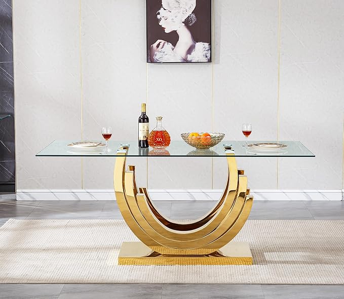 70" Modern Rectangular Glass Dining Table for 4-6, Tempared Glass Top Kitchen Table w/Stainless Steel Base, Glass and Gold Dining Room Table for 6, Large Glass Kitchen Dining Table for Dinner
