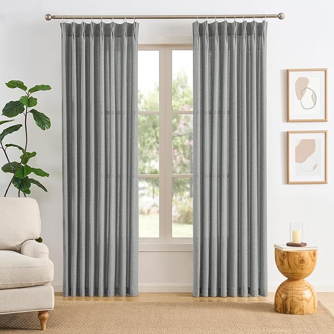 RAIN CITY Grey Linen Curtains 94 Inch Length 2 Panels, Soft Thick Linen Textured Window Drapes for Bedroom Living Room Semi Sheer Light Filtering Back Tab Pinch Pleated with Hooks 50x94