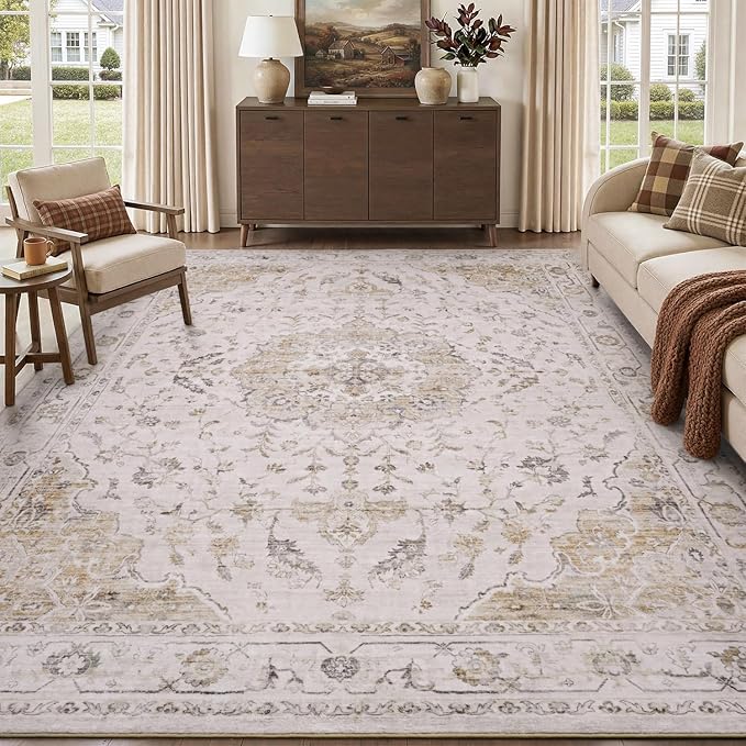 PADOOR-Vintage Area Rug 8X10 Rugs for Living Room-Soft Beige Rugs for Bedroom-Machine Washable Rug Non Slip Carpet-Rug for Dining Room Living Room Bedside Office