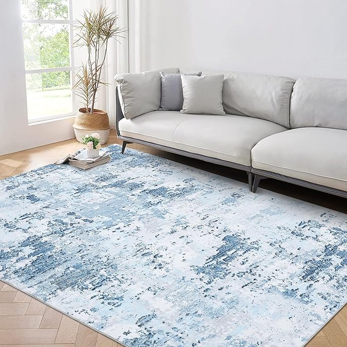 6x9 Modern Abstract Area Rug Non Slip Non Shedding Low Pile Stain Resistant Rug Soft Washable Carpet for Bedroom Living Room, Light Blue