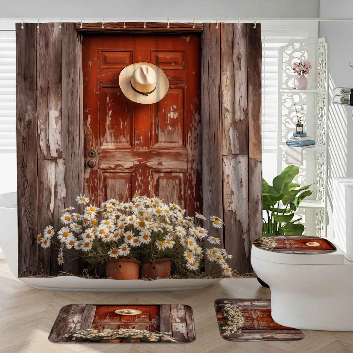 Witzest 4Pcs Rustic Barn Door Shower Curtain Sets with Non-Slip Rug, U Shape and Toilet Lid Cover Mat, Farmhouse Home Bathroom Decor Set Accessories with 12 Hooks, 72 x 72 Inch