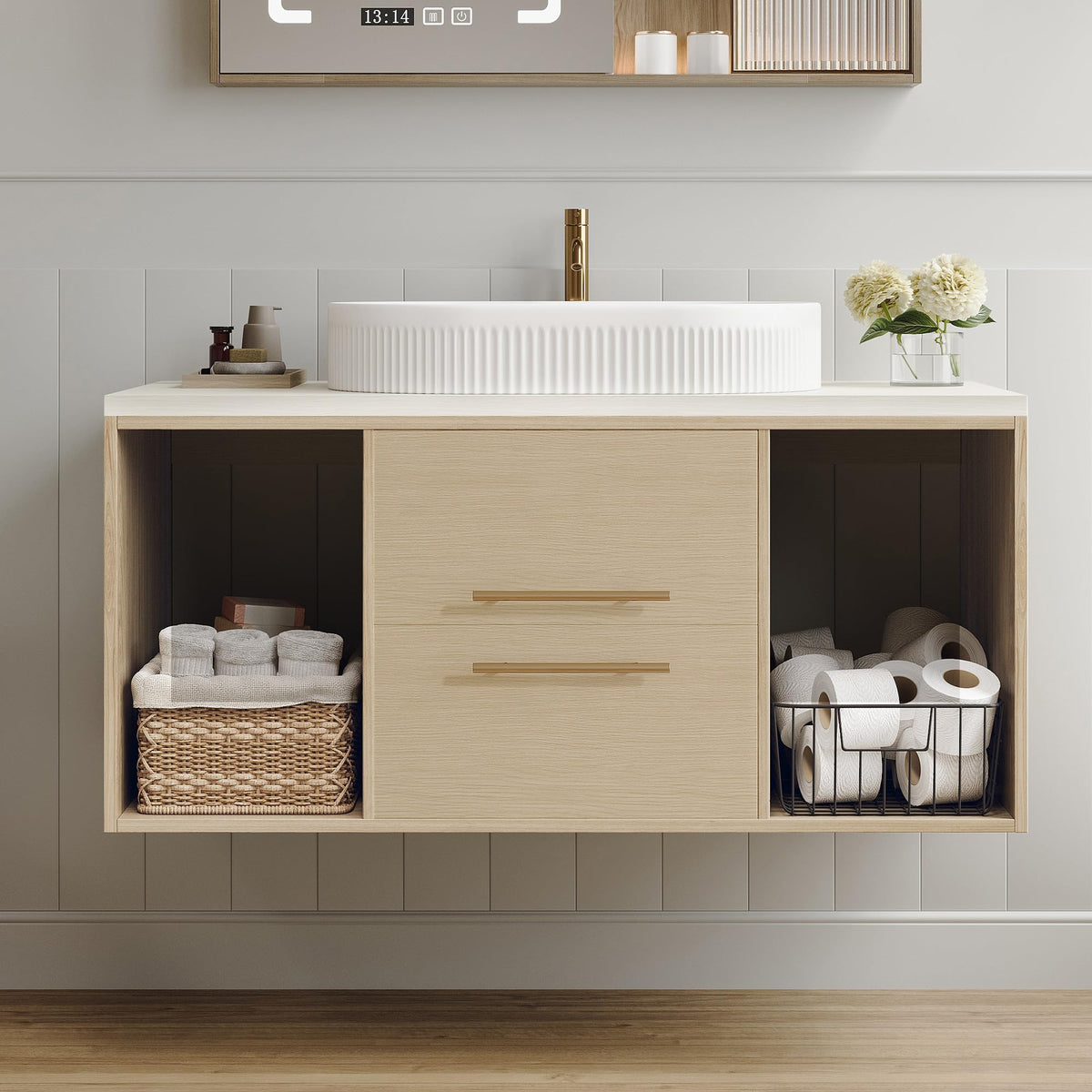 WHMAIYS 39" Modern Wall-Mounted Bathroom Vanity with Oval Ceramic Sink, Floating Solid Wood Cabinet with Soft-Close Drawers & Open Shelf, Multi-Layer Bath Storage Organizer, White,Wood