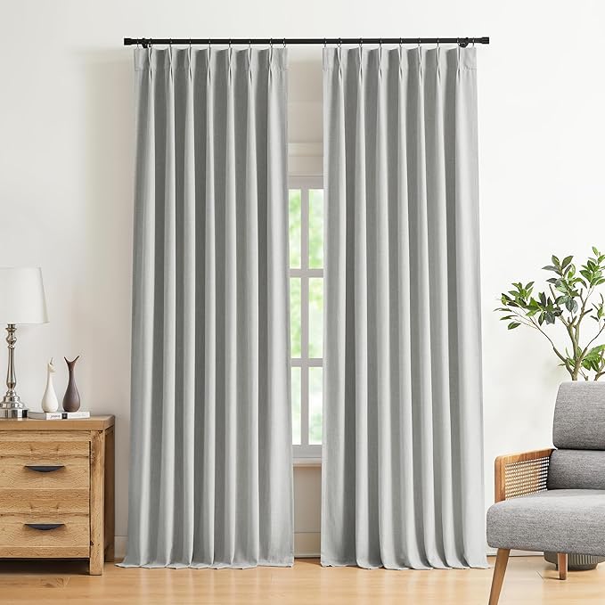 Vision Home Light Gray Pinch Pleated Full Blackout Curtains Linen Blended Room Darkening Curtain Panels 95 inch for Living Room Bedroom Thermal Insulated Pinch Pleat Drapes with Hooks 8FT 40"Wx95"Lx2