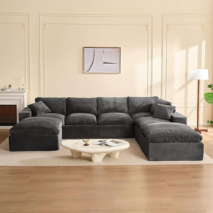 137.8” Sectional Couches for Living Room, Cloud Couch, Modular Sectional Sofa, Convertible Sofas Bed, Deep Seat Sofa, Sleeper Sofa Full Size, Corduroy, Gray
