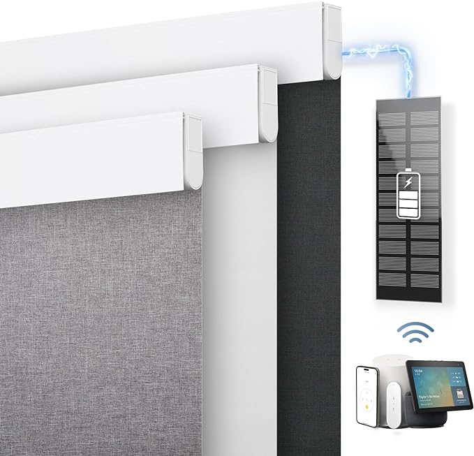 DENFOON Motorized Blinds with Remote control, Custom Blackout Smart Blinds [with Cover],Electric Blinds with Complimentary Solar Panel, Cordless Automatic Roller Shades for Windows (Black，27"W x 72"H)