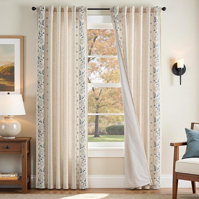 jinchan Winslow Lined Linen Curtains for Bedroom 84 Inches Linen Blended Embroidered Bordered Floral Curtains for Living Room Farmhouse Decor Window Treatments Blue on Beige Drapes 2 Panels