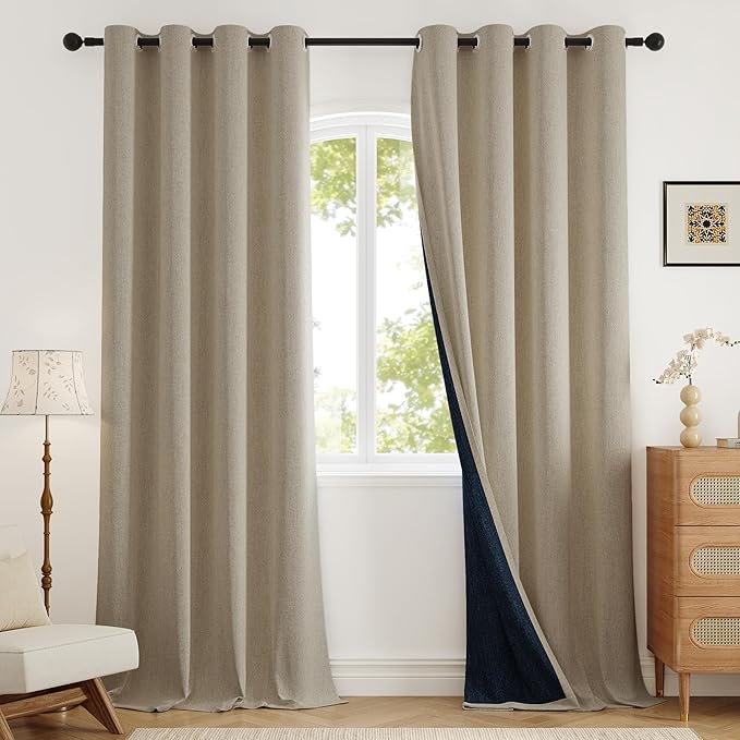 Blackout Curtains 108 inches Long 2 Panels for Living Room, Grommet Linen-Look Textured Room Darkening Thermal Insulated Farmhouse Drapes for Bedroom Sliding Door (W52xL108, Natural)
