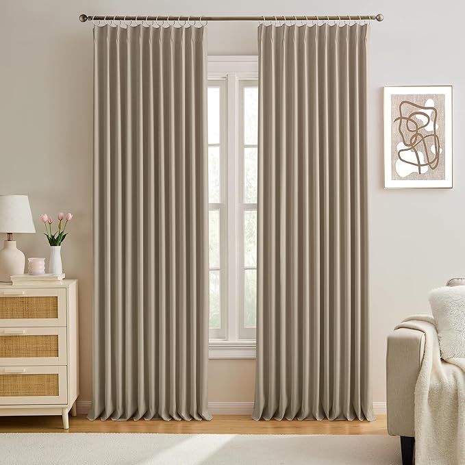 KEQIAOSUOCAI Pleated Blackout Curtain Drapes for Window 90" L - Triple Weave Energy Saving Solid Pinch Pleat Hook Thermal Room Divider Blackout Panels for Patio (72" Wide per Panel, 2 Panels, Khaki)