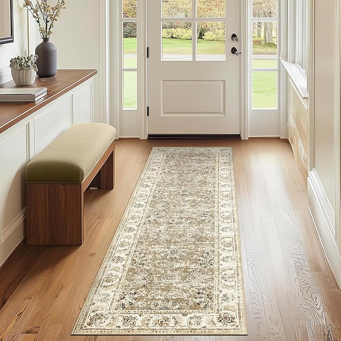 jinchan Fiora Runner Rug 2x6 Machine Washable Hallway Rug Taupe Vintage Floral Print Non-Slip Low Pile Ultra-Thin for Kitchen, Entryway, Laundry Room, Bedroom, Farmhouse (2‘x6’, Taupe)