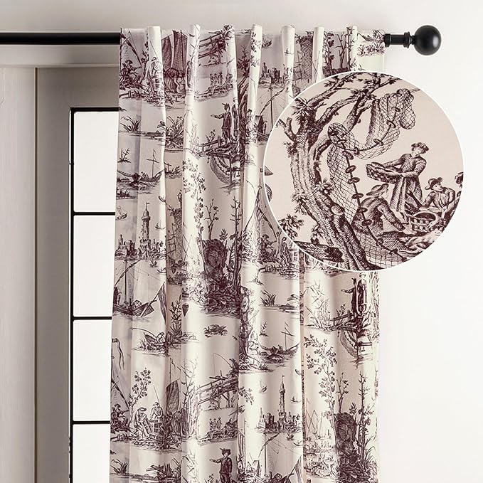 Maison d' Hermine Curtains for Living Room 100% Cotton 96 inch Length One Panel Light Filtering Toile Curtains for Bedroom Windows with Rod and Loop Pockets Drapes (Calais Charcoal, 50" W x 96" L)