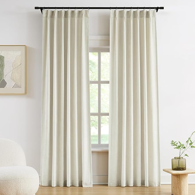 Vision Home Ivory Beige Pinch Pleated Light Filtering Curtains Velvet Chenille Window Curtains 120 inch for Living Room Bedroom Semi-Blackout Pinch Pleat Drapes with Hooks 10ft 36" Wx120Lx2,Pearl