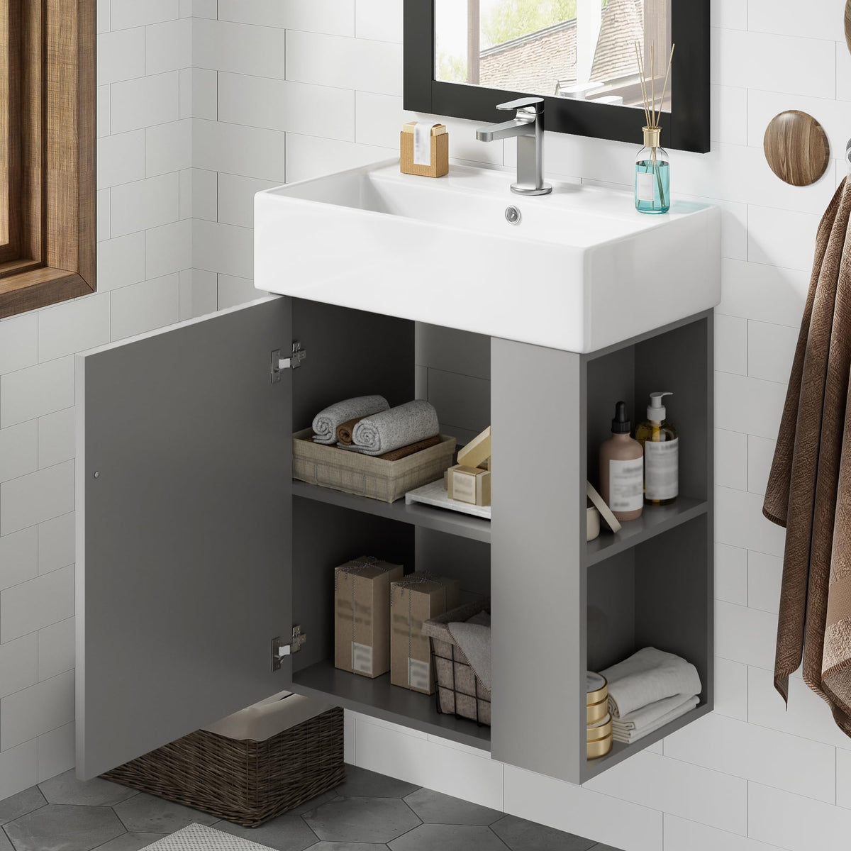 21.6'' Modern Floating Bathroom Vanity with Ceramic Basin - Perfect for Small Bathrooms, Opening Side Storage on Right, Gray Wall-Mount Bathroom Vanities Cabinet with 2 Tiers Inner Storage Shelf