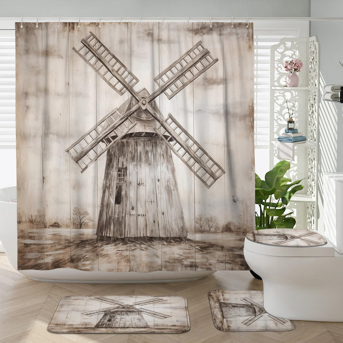 Witzest 4Pcs Rustic Wood Windmill Shower Curtain Sets with Non-Slip Rug, U Shape and Toilet Lid Cover Mat, Farmhouse Home Bathroom Decor Set Accessories with 12 Hooks, 72 x 72 Inch