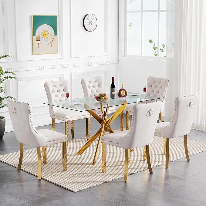 60" Glass Dining Table Set for 6, Modern Dining Room Table Set for 6, Gold X-Shape Pedestal Glass Table with 6pcs Beige Dining Chairs, 7 Piece Dining Set for Dining Living Room