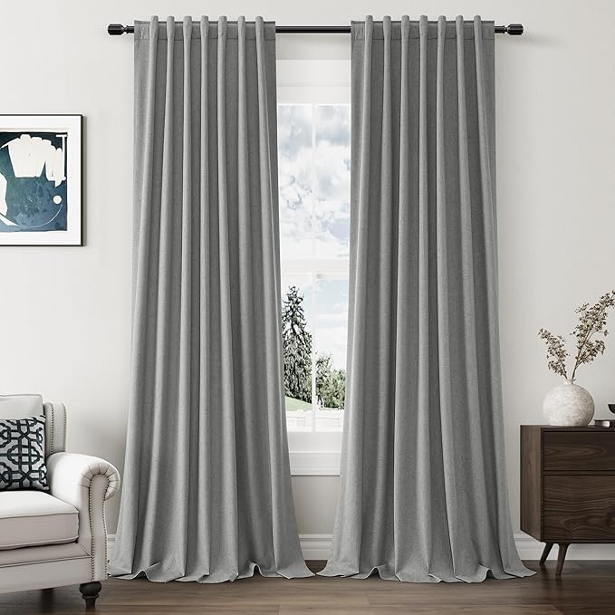 Guken 100% Blackout Linen Curtains 90 Inch Length 2 Panels Set for Living Room Bedroom Back Tab Thermal Insulated Black Out Linen Drapes Room Darkening Window Curtains,Dark Grey