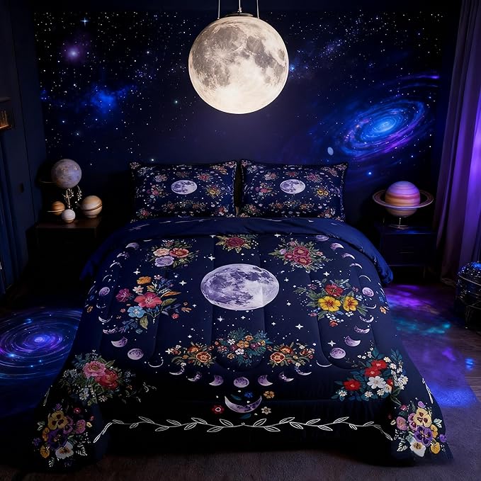Sun and Moon Kids Comforter Set Queen Size,Starry Sky Galaxy Trippy Bedding Set,Boys Girls Adults Room Decor,Flowers Boho Exotic Retro Down Comforter,Colorful Mystical Duvet Insert,2 Pillowcases