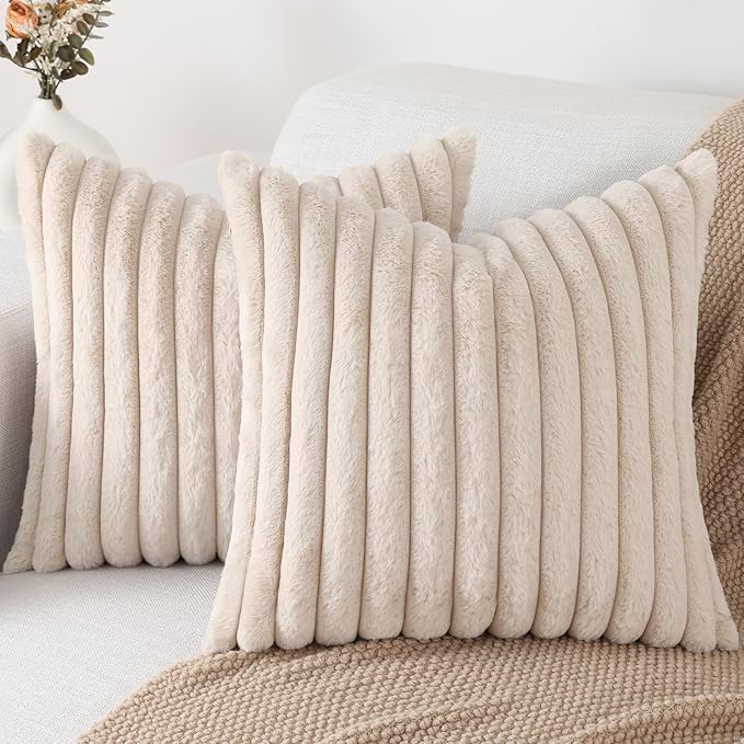 Pallene Faux Fur Plush Throw Pillow Covers 22x22 Set of 2, Luxury Soft Fluffy Striped Decorative Pillow Covers for Sofa, Couch, Living Room, Apricot