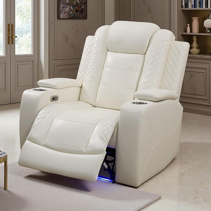 Power Recliner Chair Set, Leather Reclining Sectional Couch with Adjustable Angle, Living Room Furniture Sets, Modern Reclining Single Chair with Armrests and Backrests for RV(Creamy White)