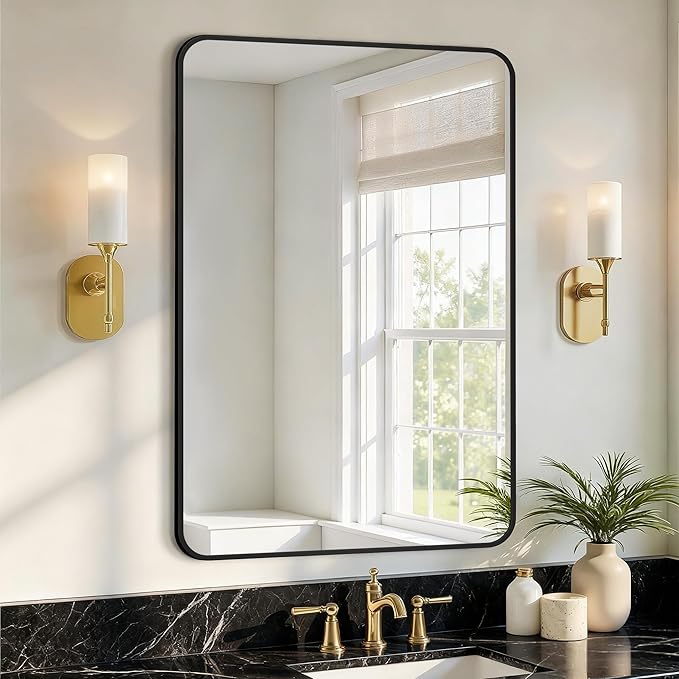 Bathroom Vanity Mirror for Wall, 30"x20" Wall Mounted Bathroom Mirror for Over Sink with Sturdy Aluminum Frame, Vertical or Horizontal, Living Room, Bedroom, Entryway(Black)