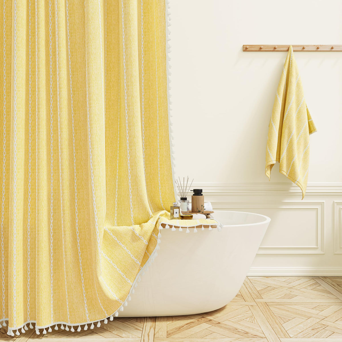 BTTN 72x96 Extra Long Boho Linen Heavy Duty Shower Curtain Set, Yellow