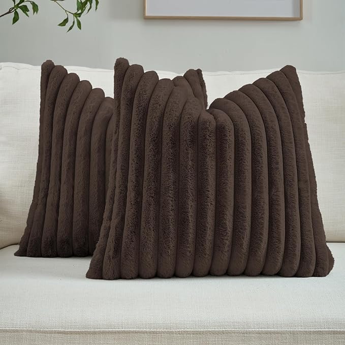 FUTEI Dark Coffee Throw Pillow Covers Set of 2, 26x26 Inch Striped Texture Euro Pillow Shams with Soft Faux Rabbit Fur Front & Velvet Back, Modern Decorative Couch Pillows for Living Room