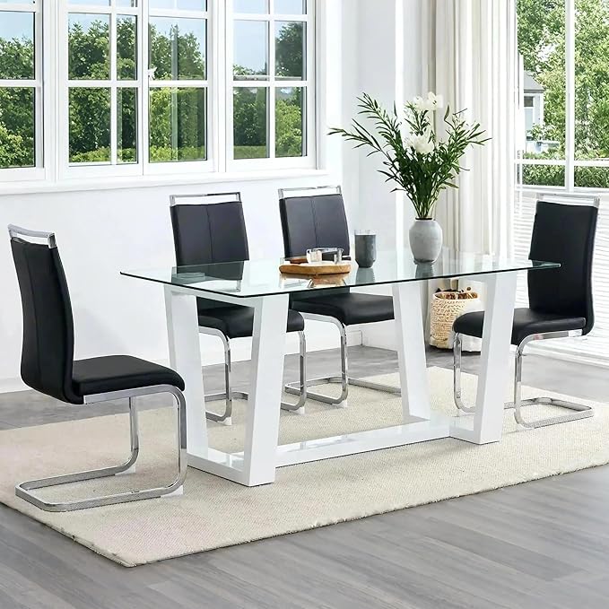 Ebullient Glass Dining Table Set for 4, Modern Dining Table Set for 4, Tempered Glass Tabletop with White MDF Trapezoid Legs, Rectangle Kitchen Table with 4 Faux Leather Chairs for Home Apartment