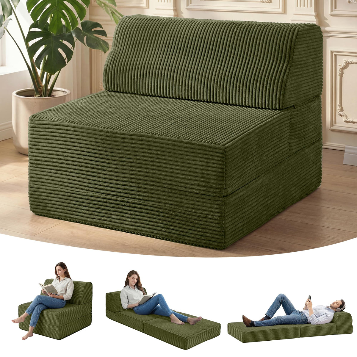 Kasunpul Folding Sofa Bed with Pillow, Memory Foam Fold Out Chair Bed, Convertible Sleeper Chair with Washable Cover, Futon Floor Couch for Living Room/Dorm/Guest Use/Home Office/Apartment, Green