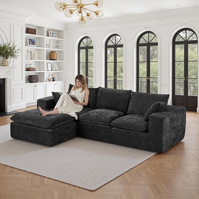 108" Sectional Couches for Living Room Boneless Couch Upholstered Cloud Couchs Sectional Modular Sectional Sofa with L Shaped (Chenille-Black, 3 Seat+1 Ottoman)