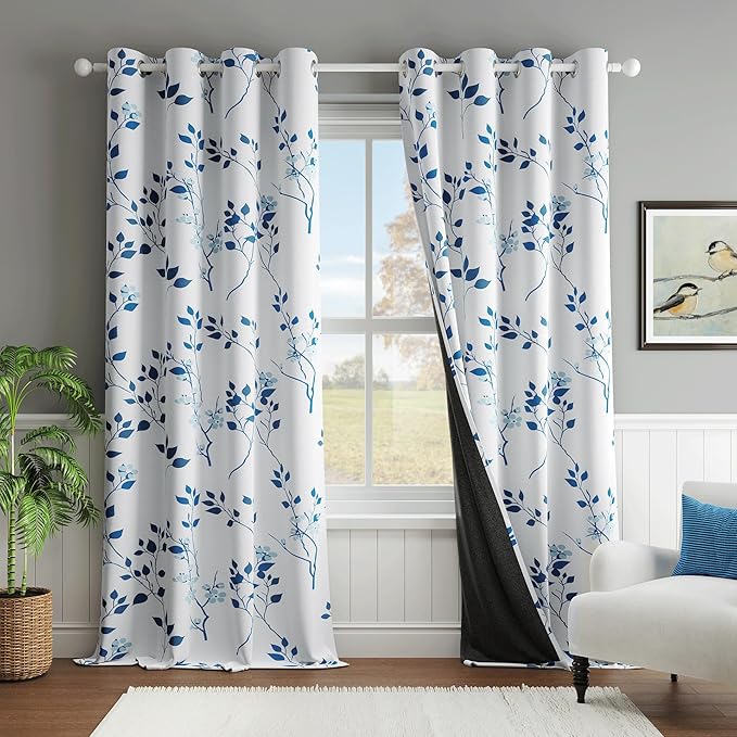 Beauoop Floral 100% Blackout Curtains 108 Inches Long 2 Panels for Bedroom Living Room Navy Blue and White Flower Patterned Room Darkening Thermal Soundproof Grommet Window Treatments Drapes, 52X108