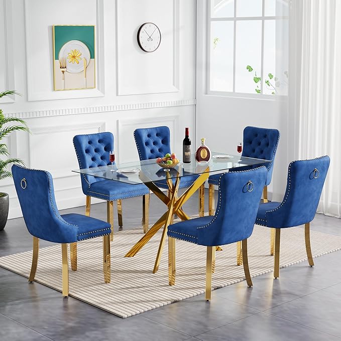 60" Glass Dining Table Set for 6, Modern Dining Room Table Set for 6, Gold X-Shape Pedestal Glass Table with 6pcs Blue Dining Chairs, 7 Piece Dining Set for Dining Living Room