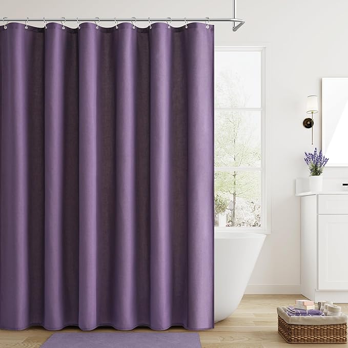 Naturoom Purple Linen Shower Curtain, Country Boho Farmhouse Bath Decor Shower Curtains Neutral Cloth Weighted Textured Fabric Bath Curtain Liner with Hooks, 72x72