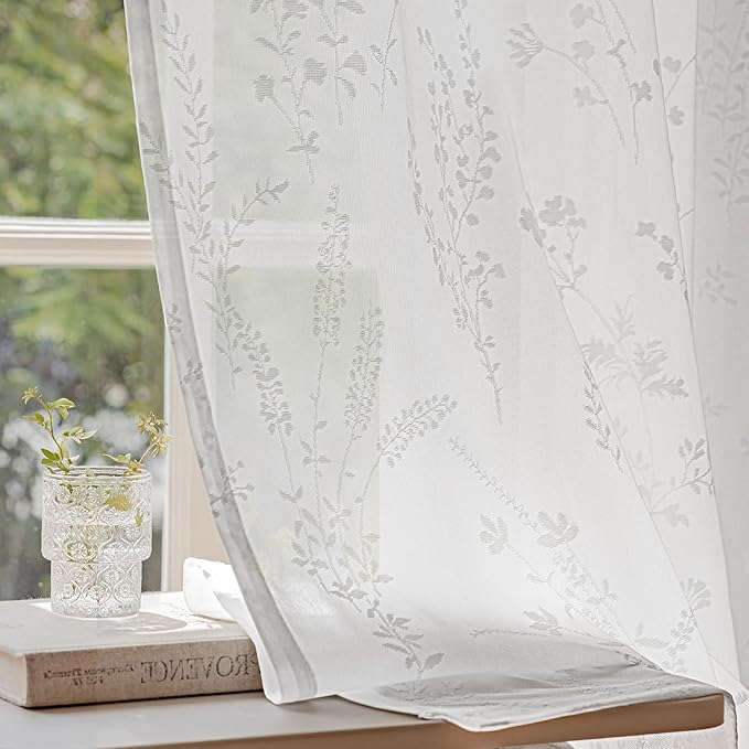 Anmao White Semi Sheer Light Filtering Curtains 63 Inches Long 2 Panels, Flower Pattern Drapes for Living Room Bedroom, Rod Pocket Sheer Window Treatments with Floral Design, 52x63 Inch