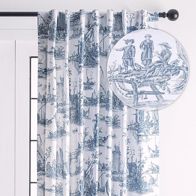 Maison d' Hermine Curtains for Living Room 100% Cotton 108 inch Length One Panel Light Filtering Toile Curtains for Bedroom with Rod and Loop Pockets (Calais Blue (White Background), 50" W x 108" L)
