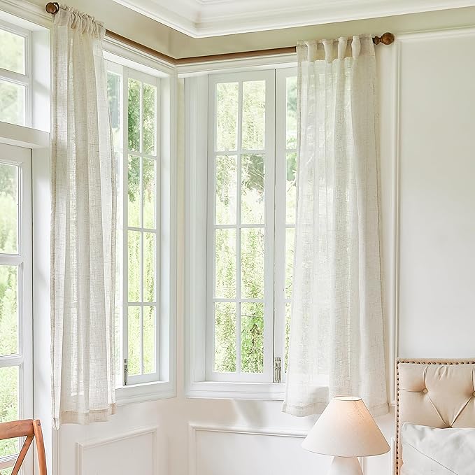 Natural Linen Bedroom Sheer Curtains 63 Inch Length 2 Panels Back Tab Rod Pocket Sheer Light Filtering Sheer Transparent Ivory Cream Beige Curtain for Living Room Sand Beach Farmhouse Off White 52x63