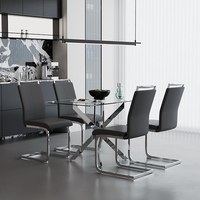 5 Piece Dining Table Table Set, Modern Tempered Glass Dining Table Set for 4 Kitchen Table Set with 4 Upholstered Chairs for Kitchen Dining Room (Sliver Table with Dark Grey Chairs)