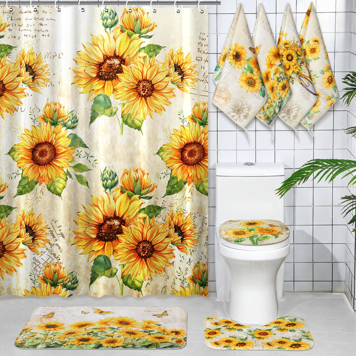 Honoson 8 Pcs Sunflower Shower Curtain Bathroom Set for Farmhouse Decor