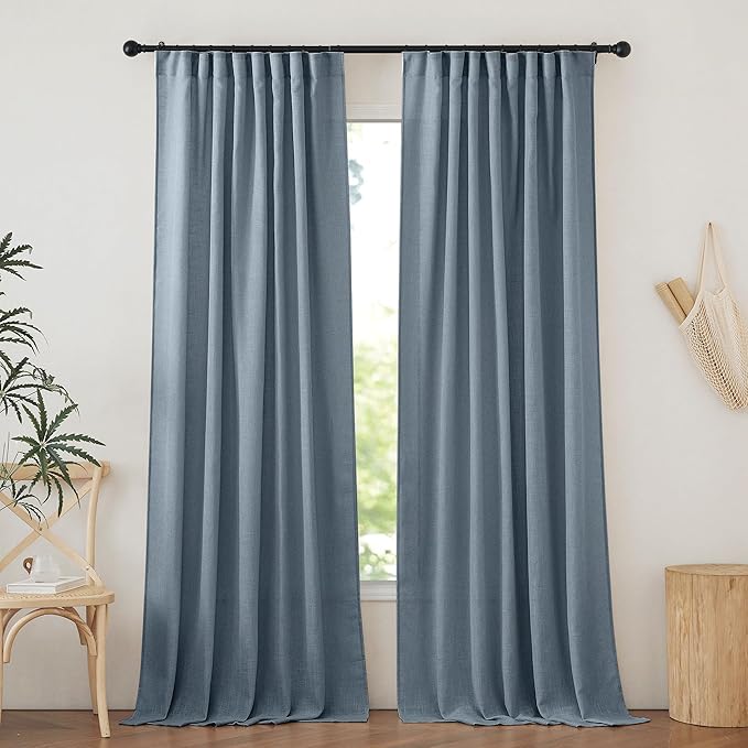 NICETOWN Linen Curtains 84 Inches Long, Rod Pocket & Back Tab Curains for Bedroom Living Room, Light Weight Airy Semi Privacy Sheer Curtains for Urban Decor, 52 x 84 inch, 2 Panels, Stone Blue