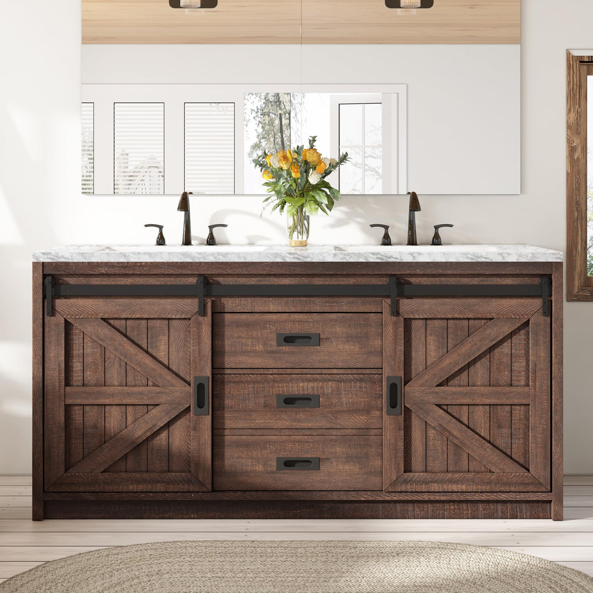 LUXOAK 61" Double Sink Bathroom Vanity with Barn Doors, Rustic Brown