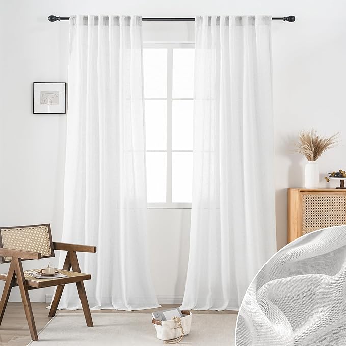 White Sheer Linen Curtains 96 Inch Length for Living Room 2 Panel Set Back Tab Opaque Draperies Linen Light Filtering Curtain for Bedroom Floor Length Crisp Vintage Beach Country 8 FT 52x96 Inch