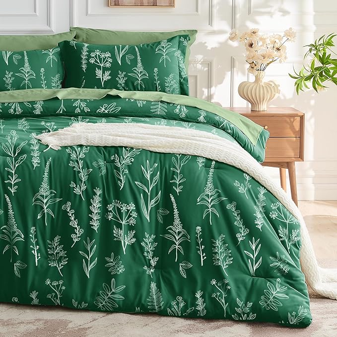 MUXHOMO Emerald Green Full Comforter Set, Elegant Floral Print Bed in a Bag 7 Pieces, Ultra Soft & Breathable Reversible Botanical Pattern Bedding Set with Comforter, Sheets, Pillowcases, and Shams