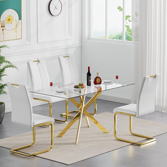 5 Piece Glass Dining Table Set, Gold Glass Kitchen Dining Room Table Set for 4, Modern 51" Rectangular Glass Metal Dining Table with 4 White Leather Dining Chairs for Kitchen Dining Room