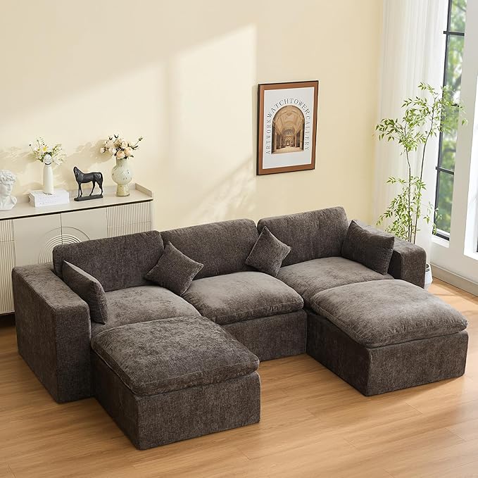 115'' Cloud Boneless Sectional Couch, Modular Sectional Sofa Deep Seat with 2 Ottomans, Oversized Upholstered Convertible Comfy 5 Seater Chenille Sofa U Shape Couches for Living Room, Brown