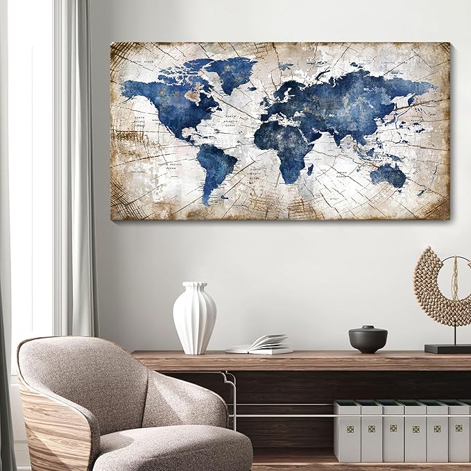 World Map Canvas Wall Art Abstract Navy World Maps for Wall Vintage Modern Wall Art for Office Framed Pictures for Living Room Bedroom Wall Decoration for Home Office Decor Artwork for Walls 24x48IN