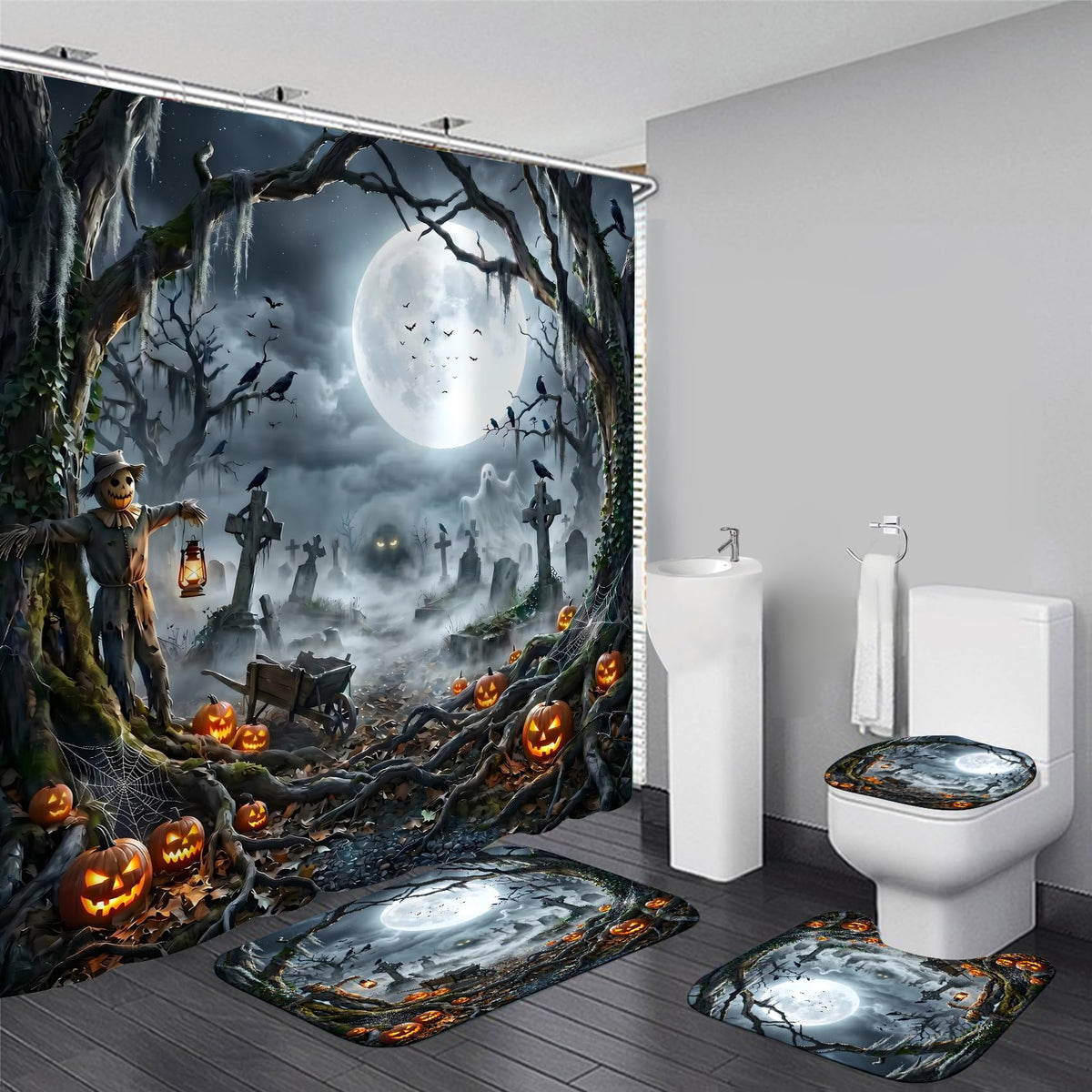 4PCS Halloween Shower Curtain Set with Non-Slip Rug, Toilet Lid Cover and Bath Mat, Moon Night Forest Pumpkin Shower Curtain with 12 Hooks, Waterproof Shower Curtain for Halloween Bathroom Decor