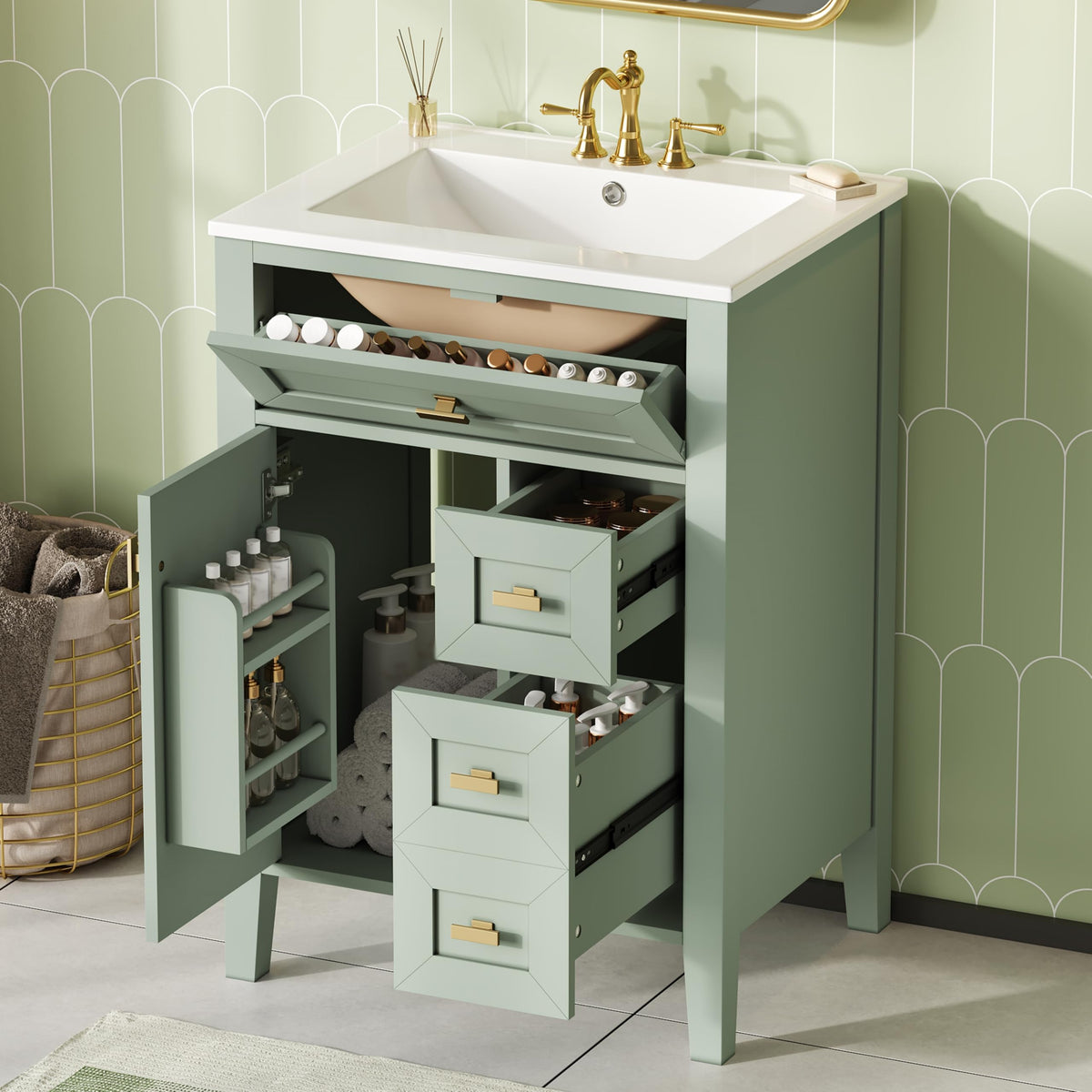 Linique 24" Bathroom Vanity with Sink Combo Set, Solid Wood Frame Bathroom Storage Cabinet with 2 Drawers and a Tip-Out Drawer, Soft Closing Cabinet Door with Organizer, Green