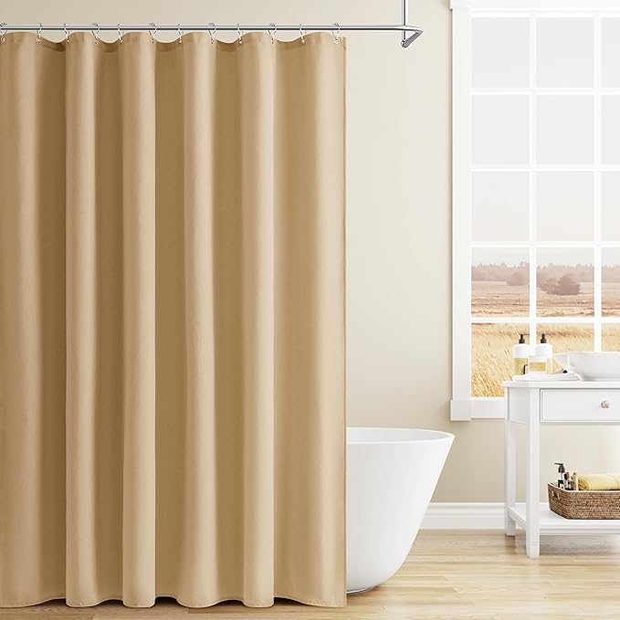 Naturoom Gold Yellow Linen Shower Curtain, Country Boho Farmhouse Bath Decor Shower Curtains Neutral Cloth Weighted Textured Fabric Bath Curtain Liner with Hooks, 72x96