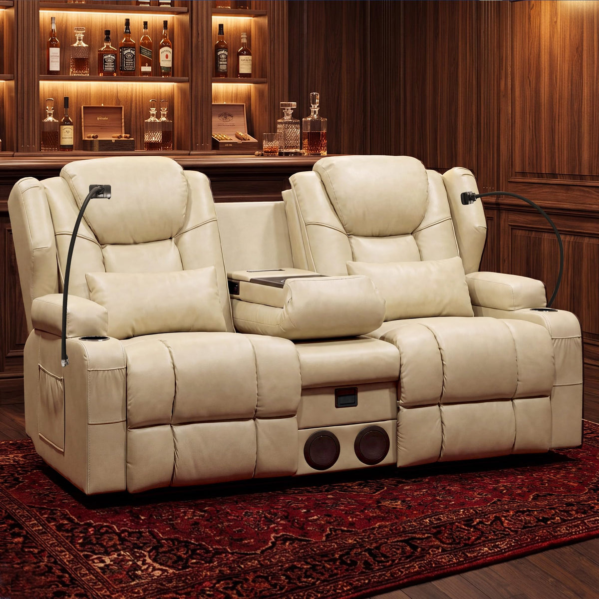 Roomark Loveseat Recliner with Massage and Heat, Wall Hugger Manual Recline Sofa for RV,Home Theater Seating,Living Room,Small Space Apartment, Cup Holders Included (Beige, 2 Seat with BT Speaker)
