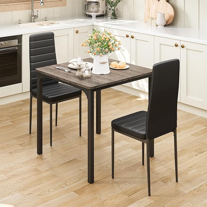 Gizoon Kitchen Table for 2, Table and Chairs Set of 2, 3 Piece Dinner Table Set with 2 Upholstered PU Leather Chairs for Dining Room, Living Room, Apartment, Small Space, Grey